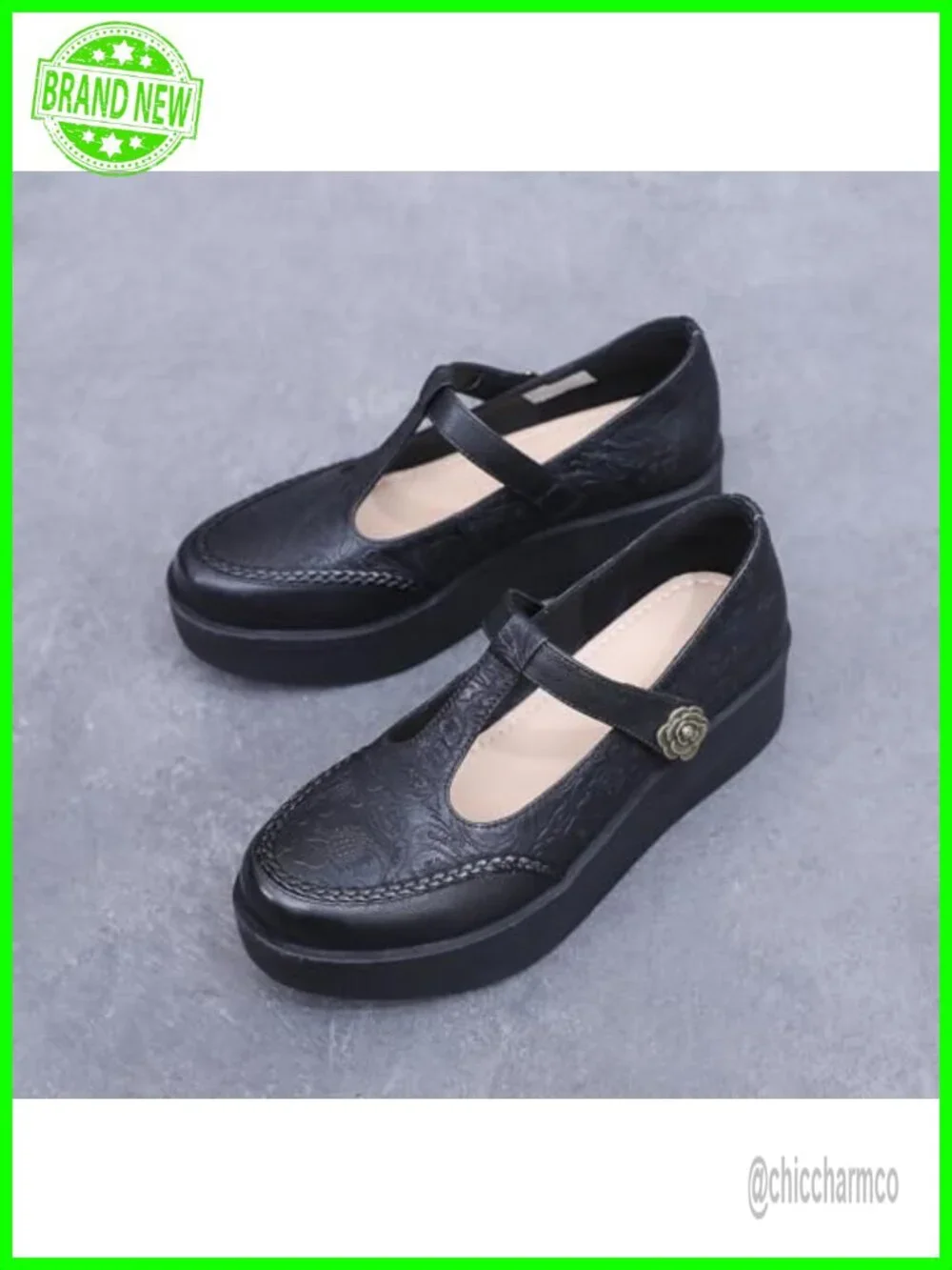 Genuine Leather T-Strap Platform Mary Janes Wedge Pumps Comfortable Hook Loop